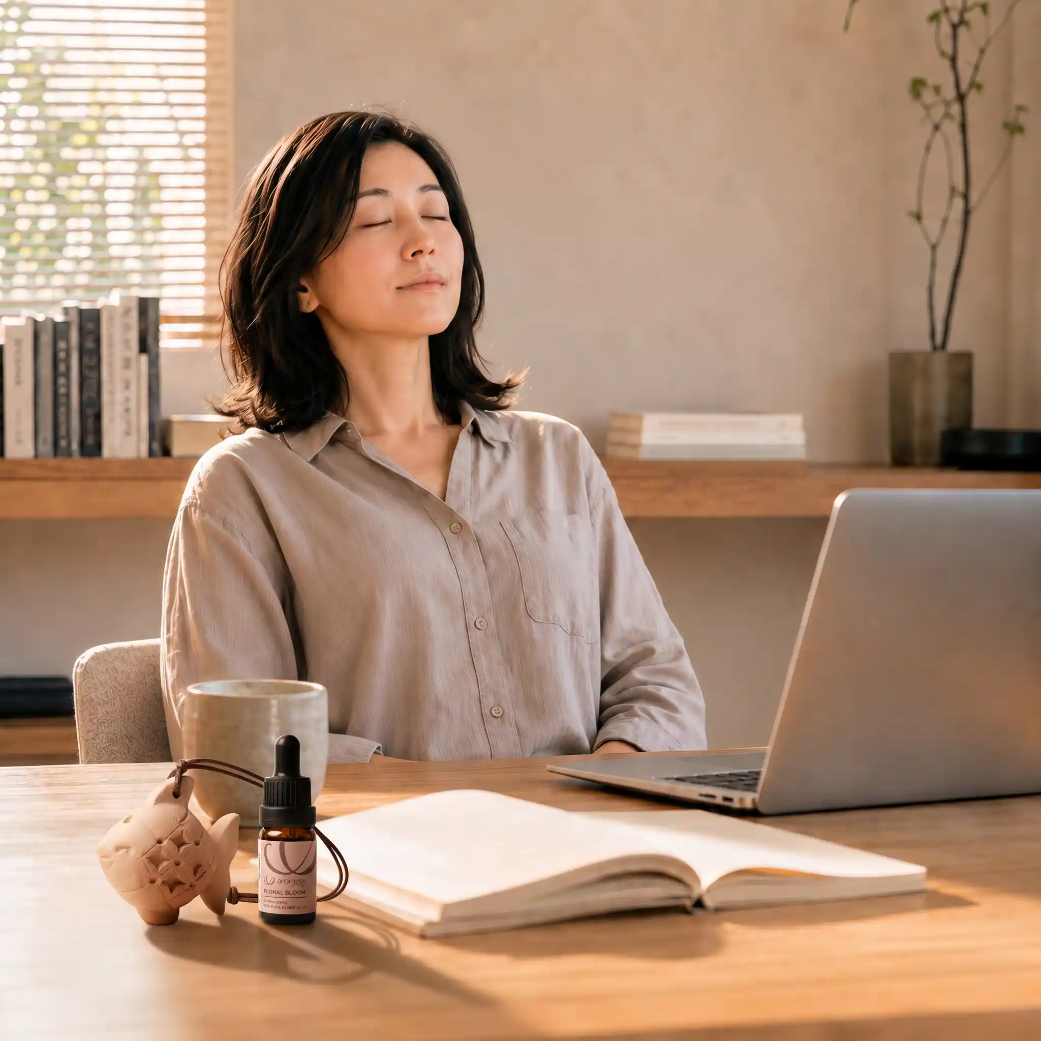 Working woman doing a 5-Minute Reset at her desk with AROMAYU essential oil to ease built-up stress