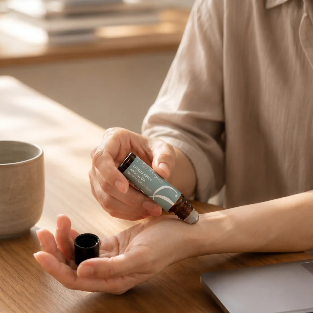 Rolling Focus & Energy aroma oil onto the wrist in the morning — Thai botanicals that support focus