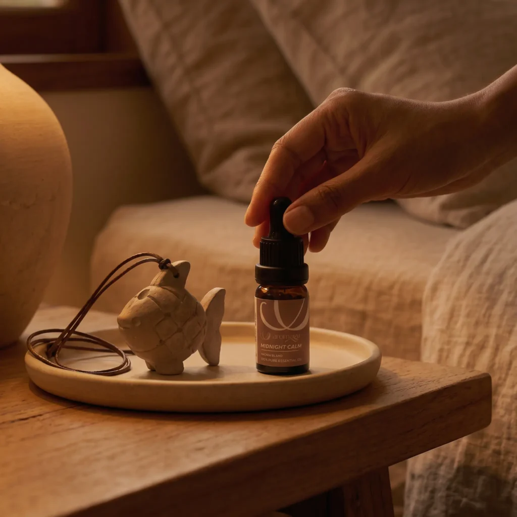 Relax & Balance diffuser at the bedside in the evening — helping the mind wind down before bed
