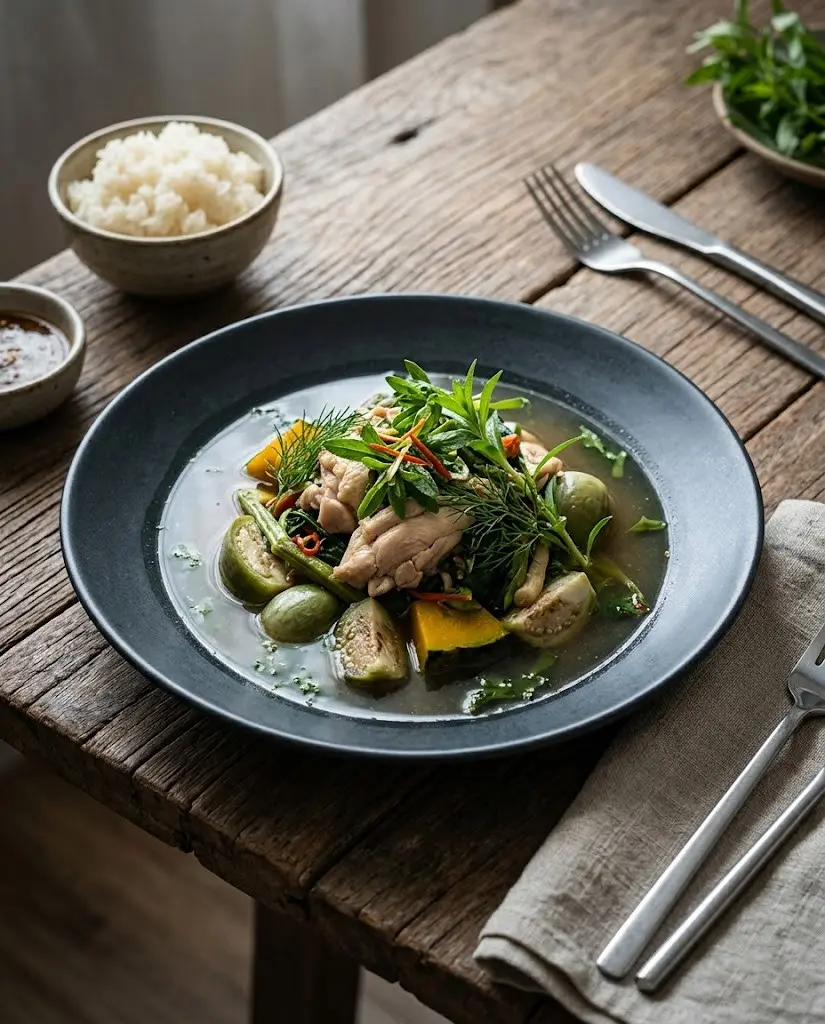 Rice paddy herb in a Thai herbal soup served with sticky rice