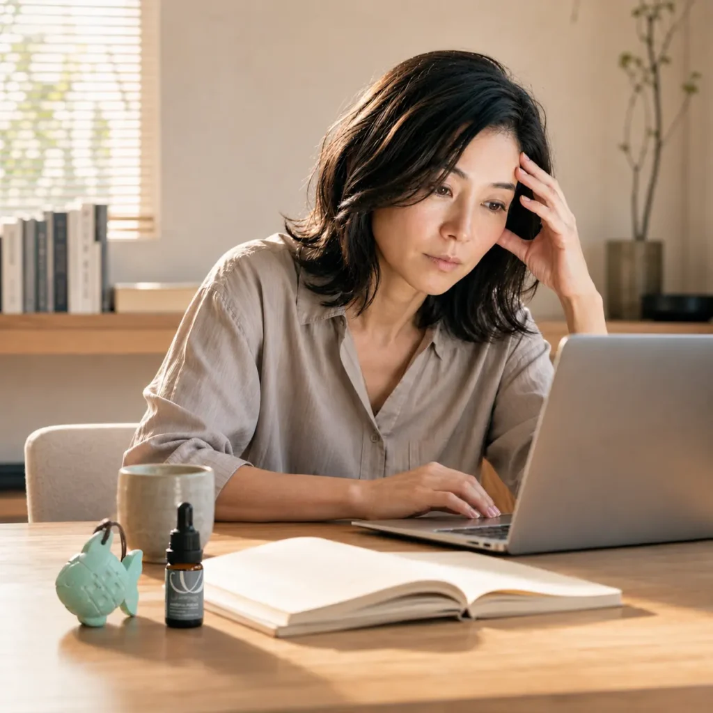 Woman at her laptop with afternoon brain fog from accumulated stress