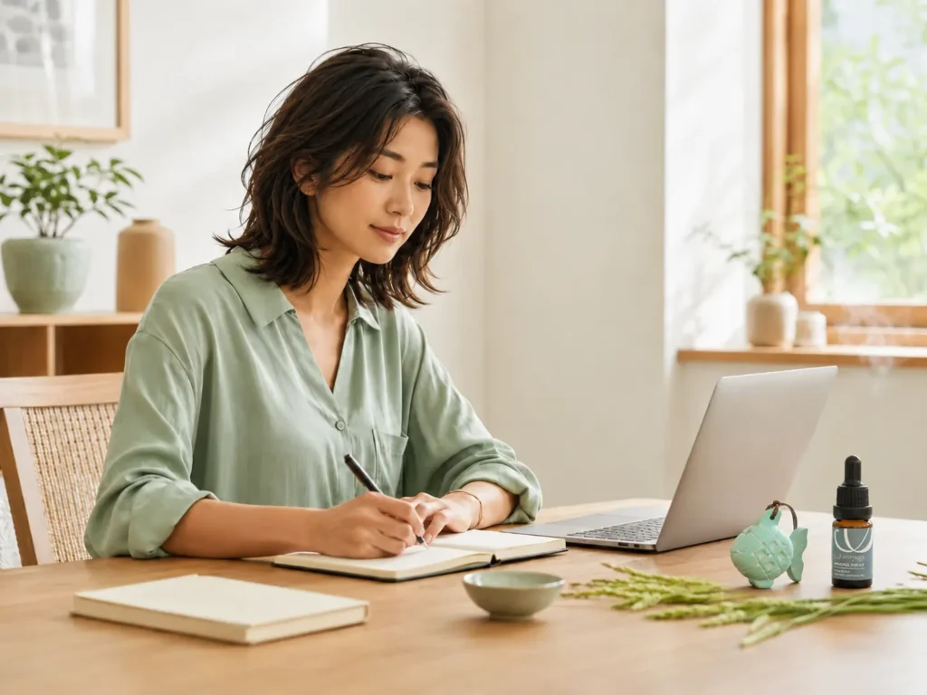 Woman working calmly with rice paddy herb aroma from Mindful Focus