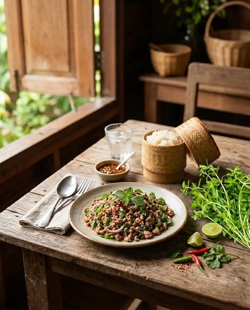 Fresh rice paddy herb served with Thai larb on a wooden table