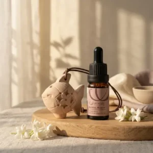น้ำมันหอมระเหย Floral Bloom และปลาตะเพียน "น้องเพลิน" จาก AROMAYU Joy Set วางบนไม้กลม ล้อมรอบด้วยดอกไม้สีขาว