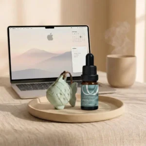 น้ำมันหอมระเหย Mindful Focus และปลาตะเพียน "น้องเพียร" จาก AROMAYU Wisdom Set วางบนโต๊ะทำงานคู่กับ MacBook