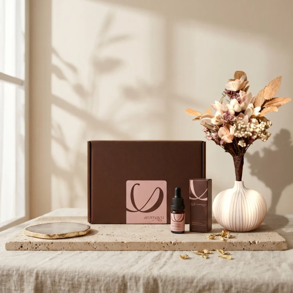 AROMAYU essential oil gift box set with a brown box, Floral Bloom essential oil and a dried flower bouquet — a premium gift from AROMAYU