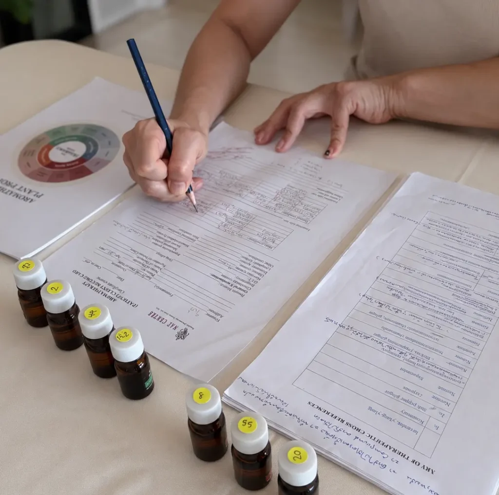 Studying essential oil composition and blending at the AROMAYU work desk