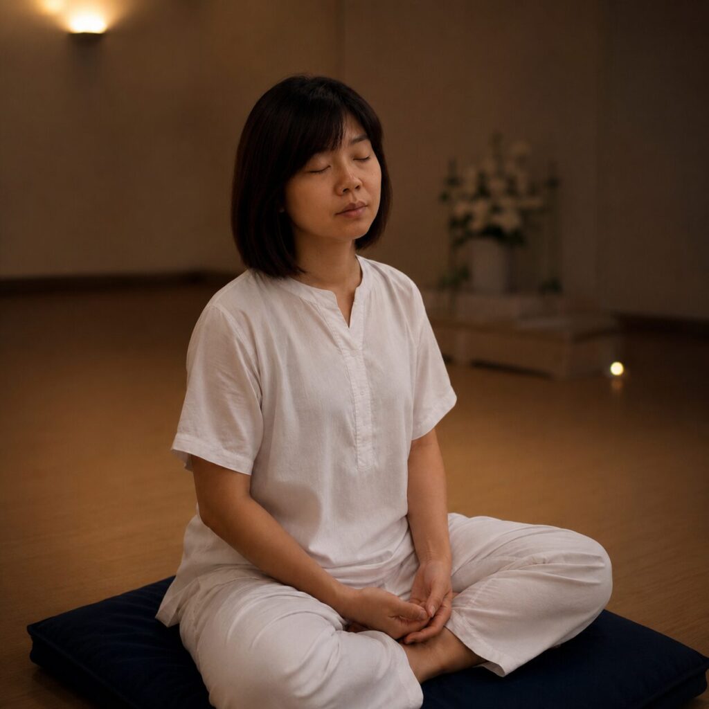 A woman meditating with her eyes closed — the beginning of the AROMAYU founder's path of breath awareness with scent