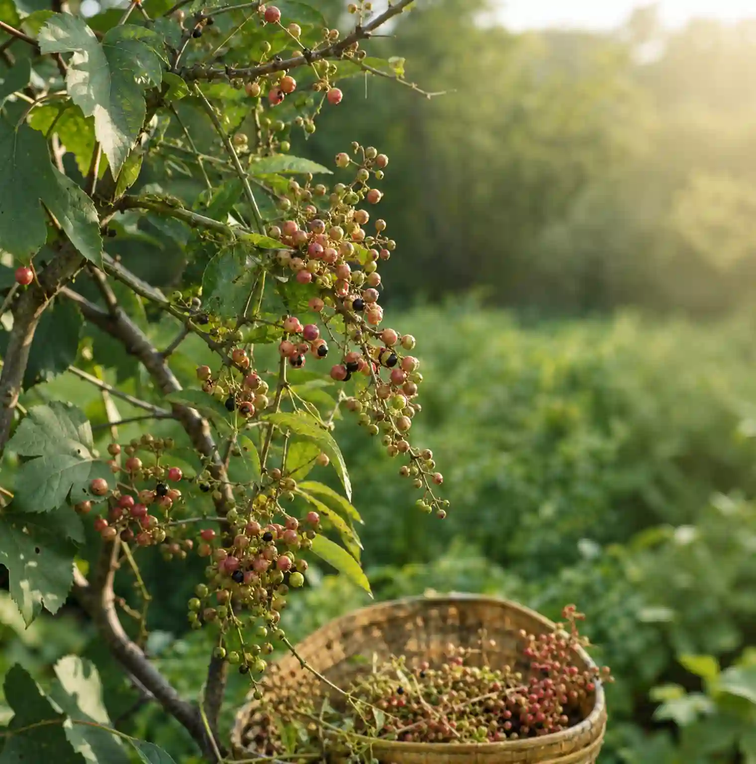 Ripe makhwaen fruit on the branch with a harvest basket, a native northern Thai spice