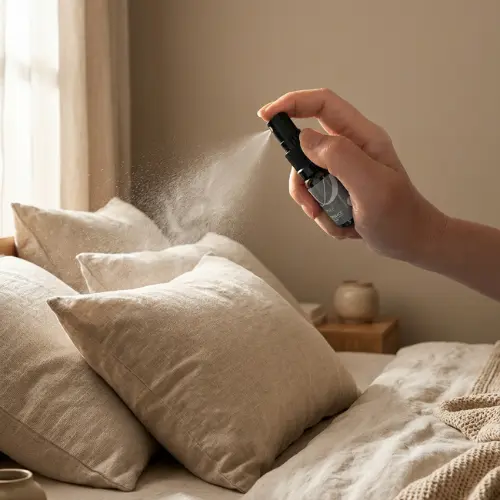 Spraying Warm Embrace onto a pillow before sleep to create a warm atmosphere