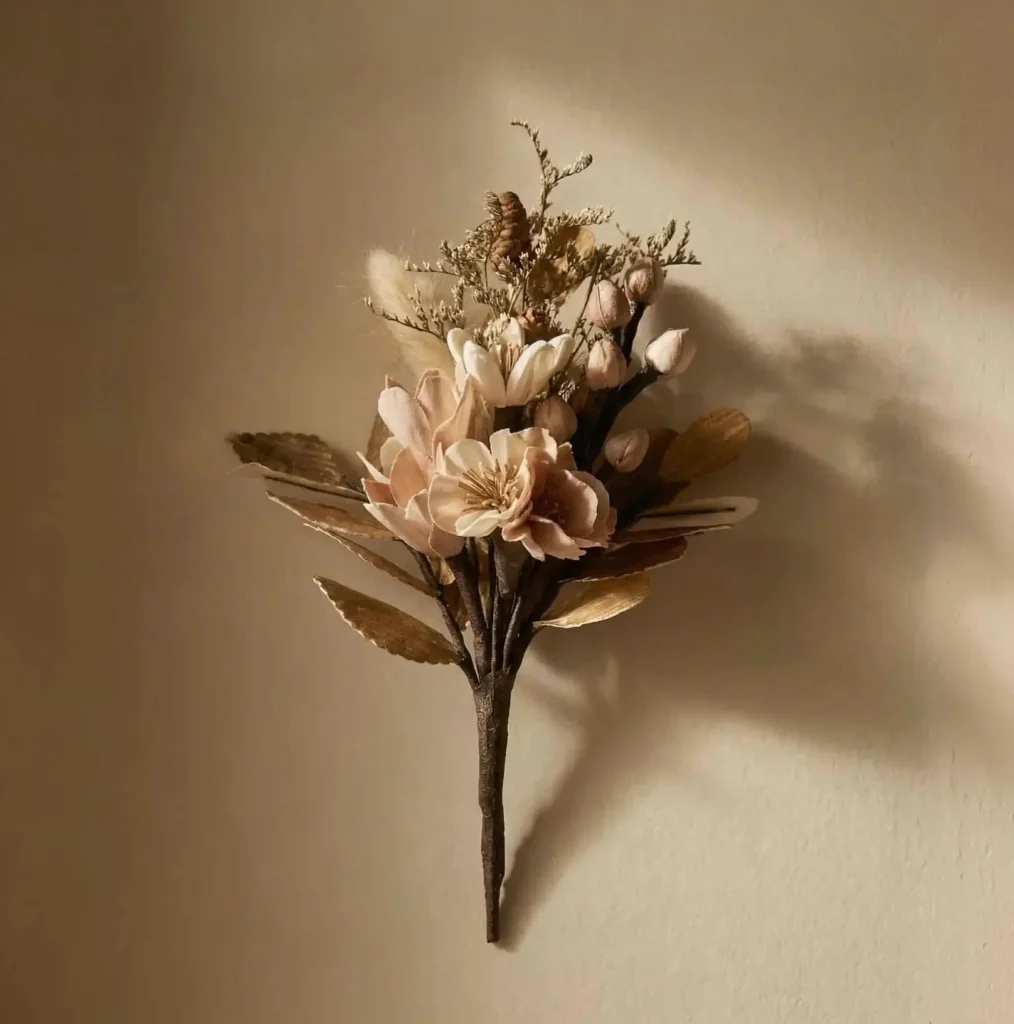 A beautifully designed handmade sesbania wood flower bouquet used as an aroma diffuser with essential oils, decorated with dried botanicals in beige and cream tones for a premium, warm look