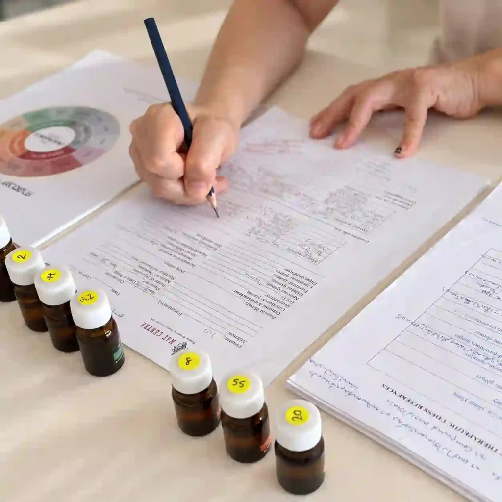 Essential oil formulation notes and sample bottles used to study fragrance blending.