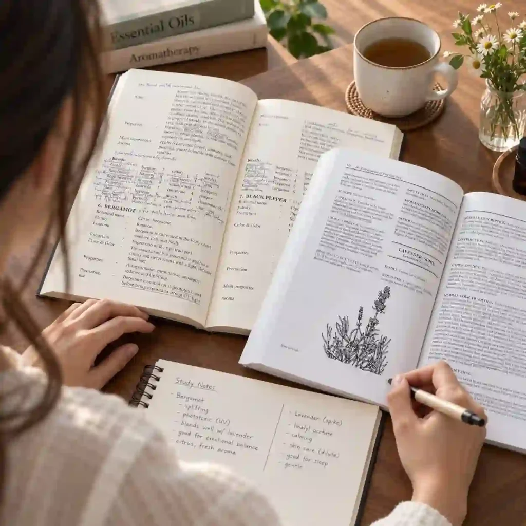 A fragrance creator studying an essential oil reference book and taking notes.